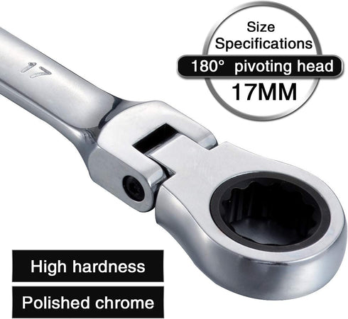 KATUR 17mm Ratcheting Wrench Set - Flexible Pivoting Head Ratchet Combination Spanner Tool