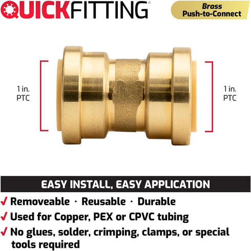 QuickFitting 1 Inch Push Fit Coupling, Patented Design for Superior Sealing, Push to Connect Brass Plumbing Pipe Fitting