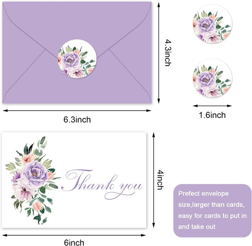 50 Pack JarThenaAMCS Purple Floral Thank You Cards Pink Purple Flower Greeting Cards With Envelopes Stickers Watercolor