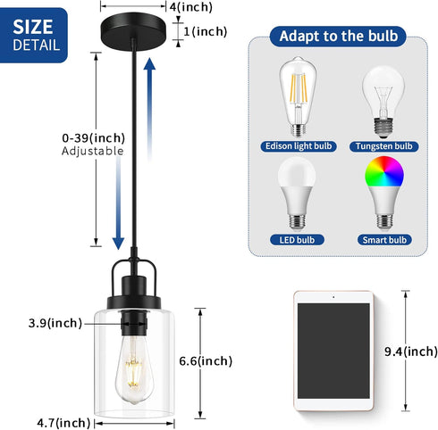 E26 Bulb (1 Pack) Farmhouse Pendant Light, Rustic Black Pendant Lights Kitchen Island Industrial Hanging Ceiling