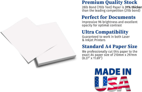 Premium A4 (8.3"x 11.7") Printer Paper - 28lb Bond / 70lb Text (105 gsm) Bright White Paper (100 Sheets)