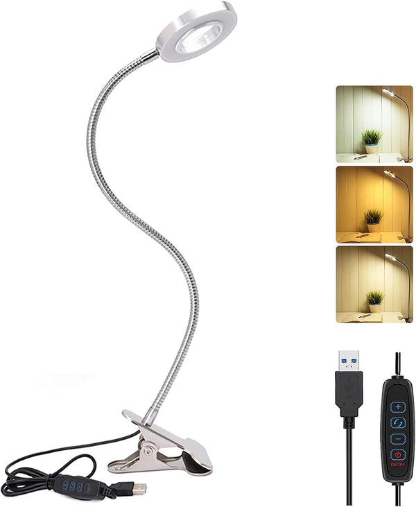 USB Desk Light with Clip, LED Eye-Caring Reading Light with 3 Color Modes, 10 Brightness Levels