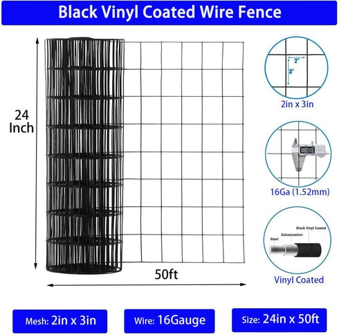 2in 3in 24" 50' 16Gauge, Wire Fence x Black Vinyl Coated Wire Mesh x Welded Wire Fencing PVC Coating Chicken Wire