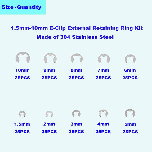 250PCS Stainless Steel E-Clip External Retaining Ring Assortment Set