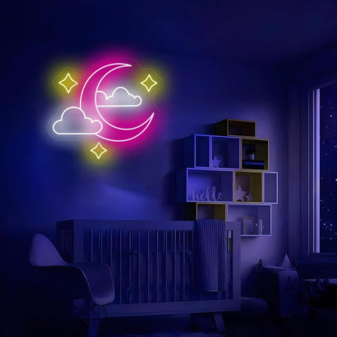 Bklphsey Dimmeable Light14in*13in Moon Cloud Star Neon Sign Pink Led Neon signs for Wall Decor Moon Cloud Star LED Neon