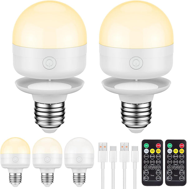 SCOPOW 2 Packs E26 Rechargeable Light Bulbs, Remote Control Timer, 350LM Magnetically Battery Operated, 2 Pack