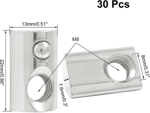 Kyuionty 30 4040 M8 40 8mm Pcs Series Half Round Roll in Spring T Nuts, Carbon Steel Roll Ball Elastic Nuts