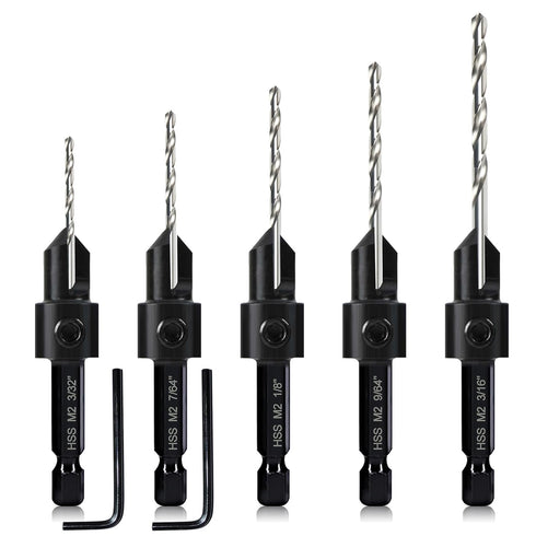 5-pc Woodworking Countersink Counterbore Drill Bit Set for #6 8 10 12 16 Screws, Adjustable Depth