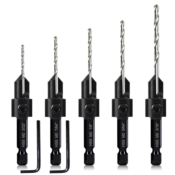 5-pc Woodworking Countersink Counterbore Drill Bit Set for #6 8 10 12 16 Screws, Adjustable Depth