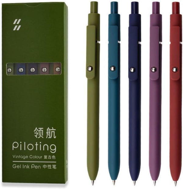 Smooth Writing Aesthetic Pens, Retractable Quick Dry Gel Ink 0.5mm Black Ink Pens for Office School 5pcs Vintage