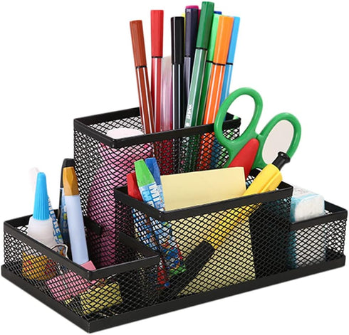 Mesh Desk Organizer for Office, 4 Compartments Pen Holder with Sticky Notes Holder, Black Mesh Storage