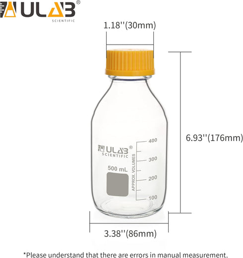 ULAB Round Media Storage Bottle, 500ml (16.9oz), 3.3 Borosilicate Glass Bottles with GL45 Screw Cap, Pack of 6
