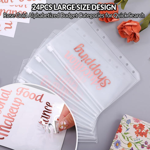 A6 8pcs Envelopes,12pcs 24 SKYDUE Budget Binder, Money Organizer for Cash with Zipper Expense Budget Sheets & Rose Gold