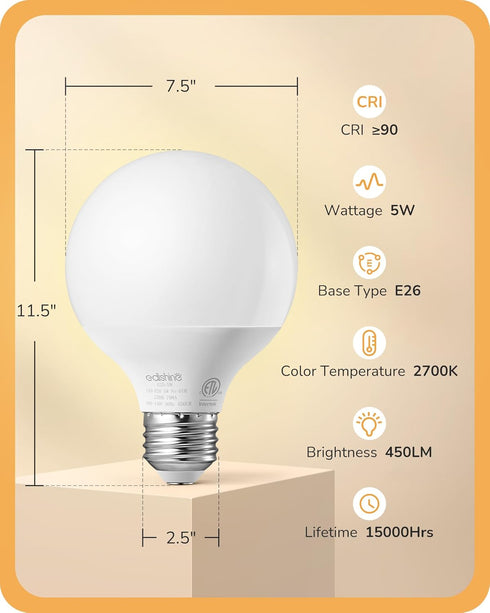 EDISHINE 4 Pack G25 LED Globe Light Bulbs CRI90+, 5W Equivalent 25W, 2700K Warm White 450LM, Vanity Light Bulbs