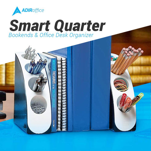 AdirOffice Smart Quarter Bookends & Office Desk Organizer - Heavy Duty Plastic w/Non Skid Bottom - Includes Storage