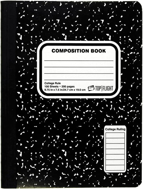 Top Flight Sewn Marble Composition Book, Black/White, College Rule, 9.75 x 7.5 Inches, 100 Sheets