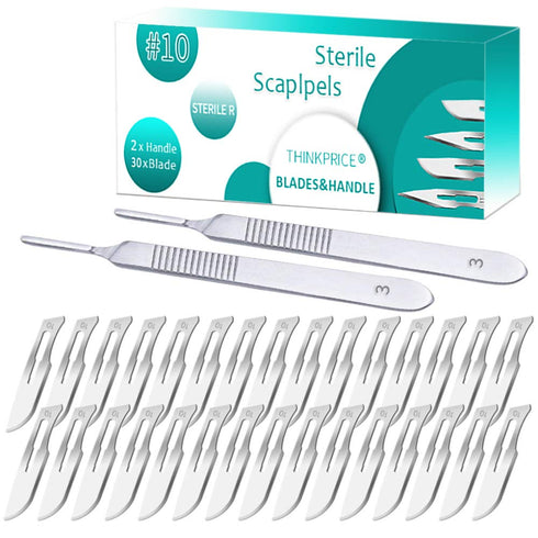 30 Pieces Scalpel Sterile Blades #10 with 2 Pack #3 Metal Scalpel Knife Handle & Storage Case for Biology Lab