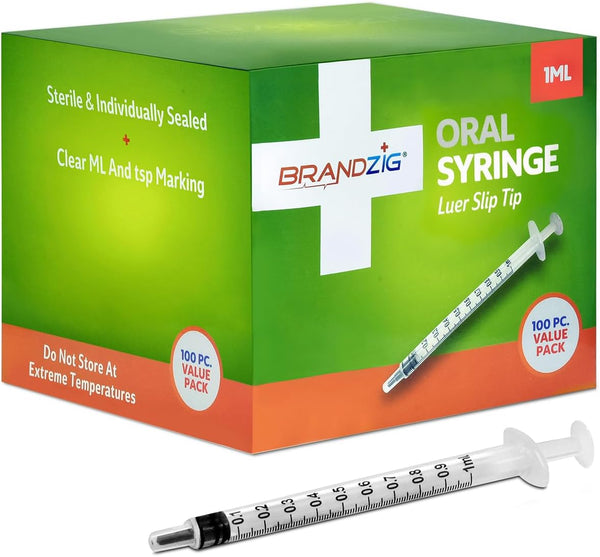 1ml Oral Syringe - 100 Pack, Luer Slip Tip, Sterile Individually Blister Packed for Infants & Small Pets