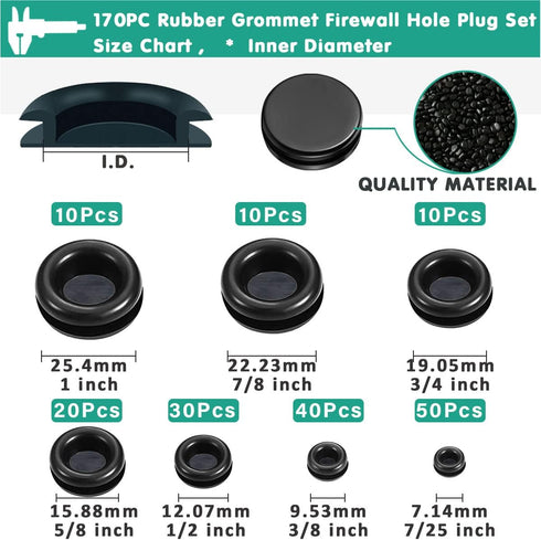 Rubber Grommet Kit 170 Pack - Black Firewall Assortment, 7 Sizes for Electrical, Plumbing, Automotive, Home Improvement