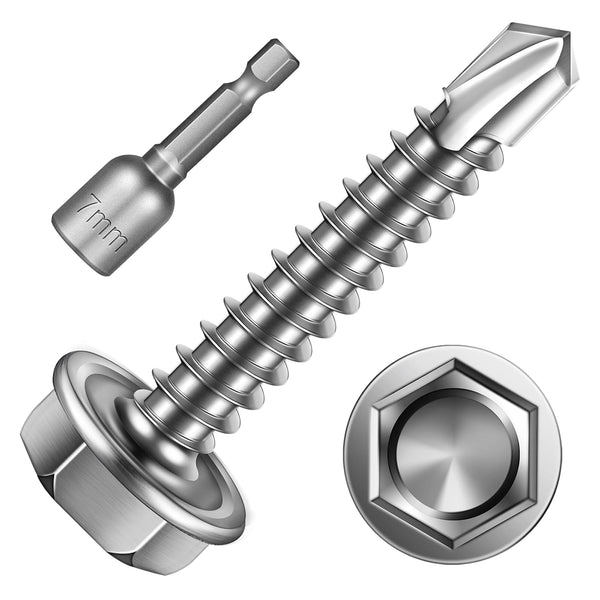 200pcs #8×1" Self Tapping Screws, 410 Stainless Steel Hex Washer Head Self Drilling Screws, High-Strength Metal