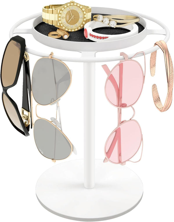 LSK Metal Sunglasses Organizer, Glasses Holder Stand with Storage Tray, Anti-Slip Pads for Tabletop, Desk, Dresser