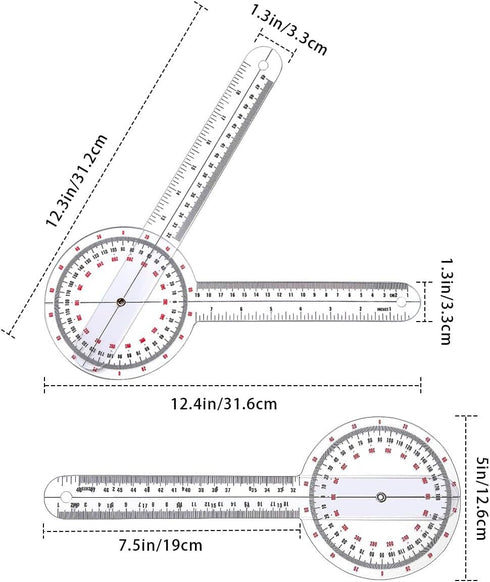 Goniometer 12 Inch, Transparent Orthopedic Angle Ruler for Physical Therapy and Body Measuring