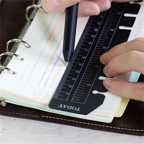 EYAKEG 2Pcs A5 6-Hole (A5, Black/Clear Plastic Page Marker Pouch Measuring Today Ruler for Size Binder Notebook Black +