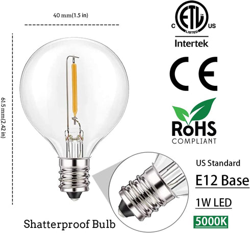 Jslinter 5000K Daylight G40 LED String Light Bulbs Replacement, 1W(11W Equivalent), 60LM, Shatterproof, E12 Screw Base, Vintage Edison Bulbs for Patio Garden by Jslinter