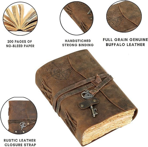cuero Compass Vintage Leather Journal, Antique Handmade Leather Bound Journal with Deckle Edge Paper, Diary Leather
