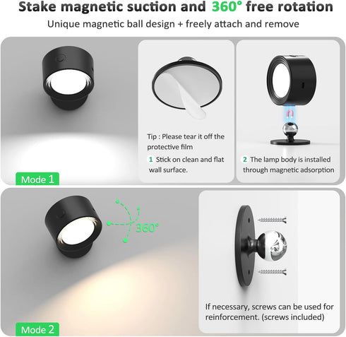 Racokky 2 3 Dimmable 360 3000mAh LED Wall Lights Pcs, Wall Lamp Color Temperatures & Magnetic Rotation with Remote