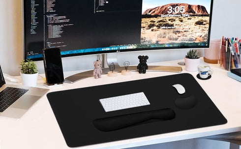 Large Mouse Pad and Keyboard Wrist Rest, 4-in-1 Gaming Desk Pad with Wrist Support, Black Desk Mat for Home Office Study