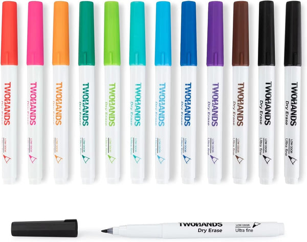 TWOHANDS Ultra Fine Tip Dry Erase Markers, 0.7mm, Low Odor, 11 Assorted Colors, 12 Count for School Office Home