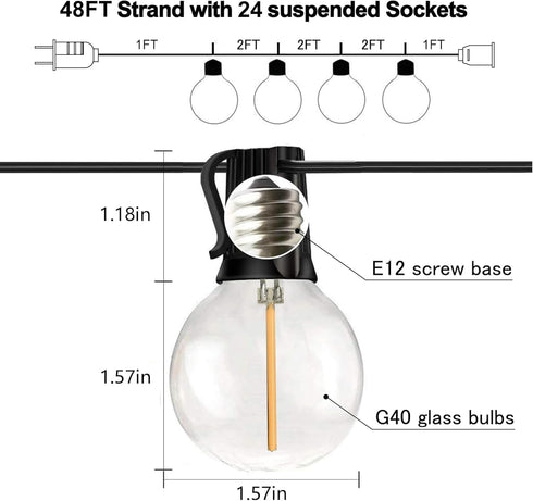 50FT G40 26 Dimmable Bulbs, 2700K E12 Banord Globe String Lights with Plastic Waterproof Outdoor LED Lights for Patio