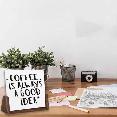 Glass Dry Erase Board with Walnut Wood Base, Mini Memo Whiteboard for Tabletop Display (Walnut Base, White Glass)