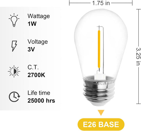 S14 Bulbs 3V 2700K E26, 15-Pack Jslinter Energy-Efficient LED String Light Replacement - Solar-Powered, Shatterproof