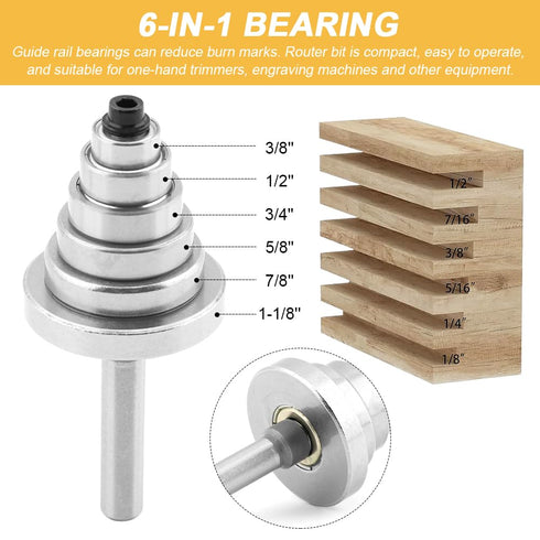 Frandilo 1/4 Inch Set, 3 6 Set (1/16", 1/8", 3/16", 1/4", 5/16", 3/8" 1/4" 1/2" Shank Rabbet Router Bit PCS Rabbeting