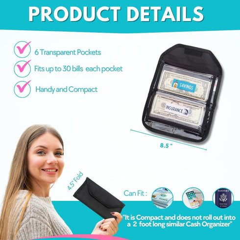 Money Organizer for Cash | Wallet Organizer with 6 Zippered Pockets | Cash Envelopes for Budgeting | Black