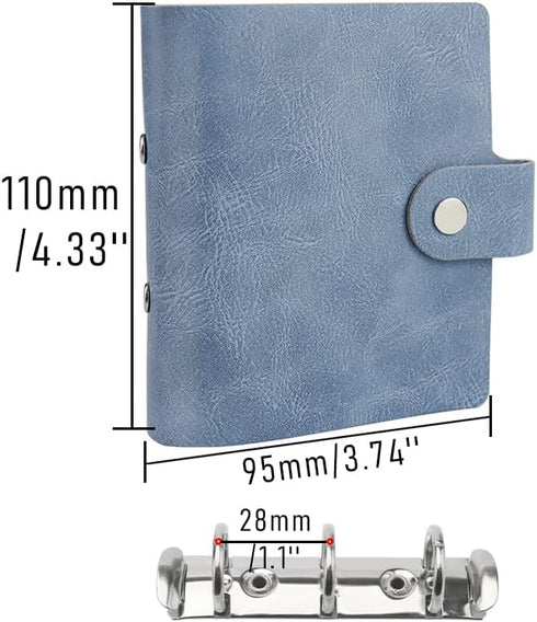 Mini Binder Cover, Blue 3-Ring PU Leather Notebook Binder, Round Ring with Snap Button Closure, Refillable