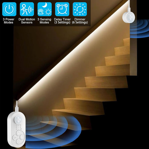 Dimmer 3000K 16.4FT Dual Motion Sensor Light Indoor - Plug-in Motion Activated Step Stair LED Strip with Double