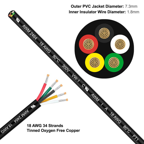 UL2464 10FT 18 Gauge 5 Conductor Electrical Wire, Tinned Oxygen Free Copper 18/5 AWG Low Voltage Wire