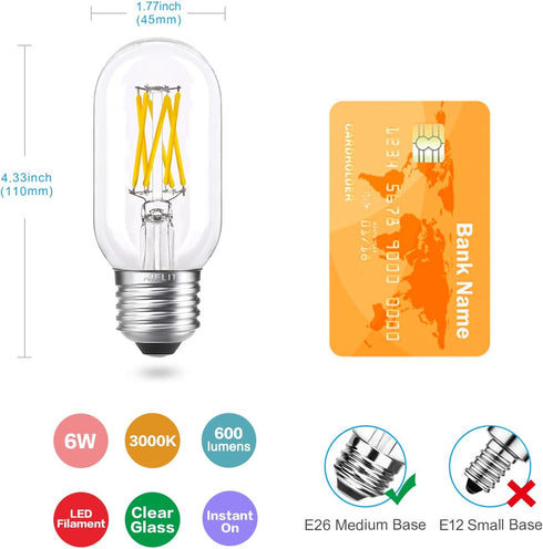 T45/T14 6W E26 Bulb 60 Dimmable(0-100%), 3000K, Bulbs 4-Pack LED Tube Watt Equivalent, Soft White Antique Edison