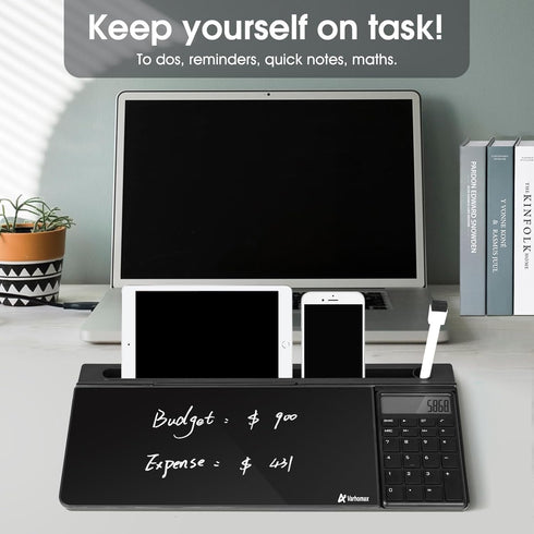 Varhomax Glass Desk Whiteboard - Black with Calculator, Desktop Dry Erase Board with Storage for Home and Office