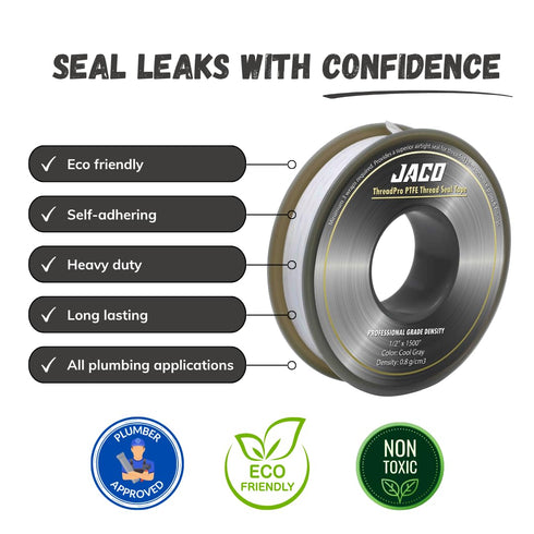 JACO ThreadPro High-Density Thread Seal Tape - 1/2" x 125 ft. (Mega Roll), Professional PTFE Pipe Sealant