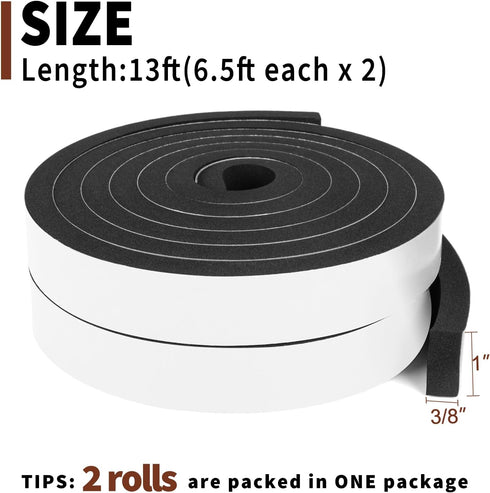 Yotache Foam Insulation Tape, 2 Rolls 1" x 3/8", High Density Self Stick Weather Stripping, 13 Feet Long