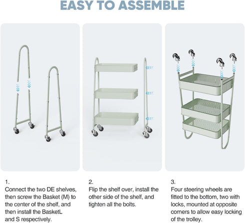 Generic 3 Tier Rolling Cart - Metal Utility Cart with Lockable Casters - Kitchen Office Storage Organizer - Green