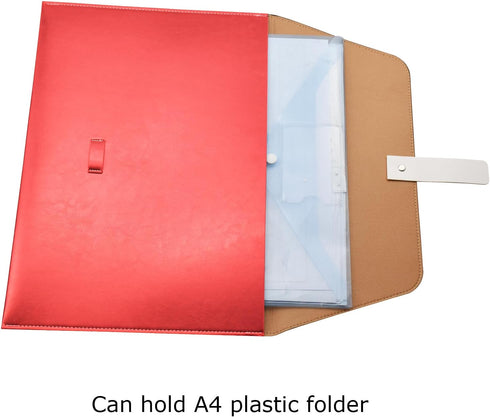 PU Leather A4 File Folder, Large Document Holder, Waterproof Envelope Case with Handmade Closure, Red