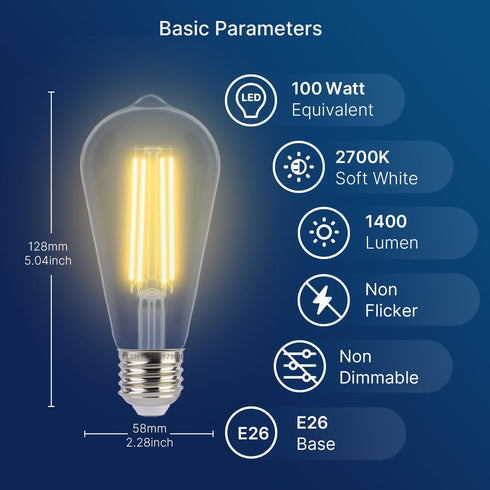 ST19 Bulb, 8W (100W 1400LM,Vintage E26 2700K 2Pack FLSNT Dusk to Dawn Outdoor Sensor LED Light Eqv.), Filament Base