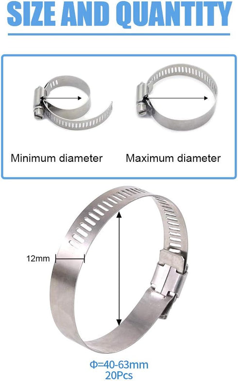 Glarks 20Pcs 304 Stainless Steel Worm Gear Hose Clamps Assortment Kit, 40-63MM Range for Plumbing