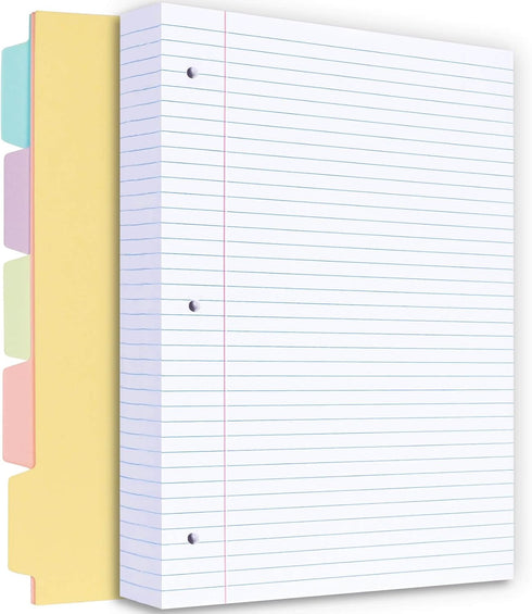 Filler Paper, 8.5” x 11” Lined Notebook Paper, 3 Holes College Rule with Dividers, 100gsm 260 Pages A4 Loose Leaf