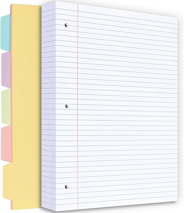 Filler Paper, 8.5” x 11” Lined Notebook Paper, 3 Holes College Rule with Dividers, 100gsm 260 Pages A4 Loose Leaf